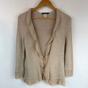 Sigrid Olsen Silk Cashmere Blend Cardigan Ruffle Open Front Beige Quiet Luxury S